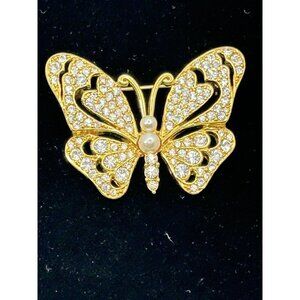Butterfly Pin Brooch Gold Tone Faux Pearl Rhinestones